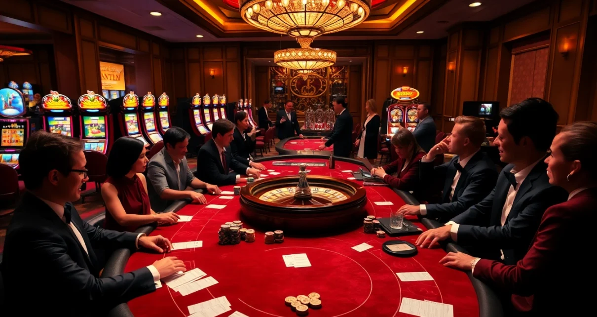 A vibrant casino atmosphere showcasing players at poker tables, paralleling the excitement of obtaining a canada visitor visa from australia.