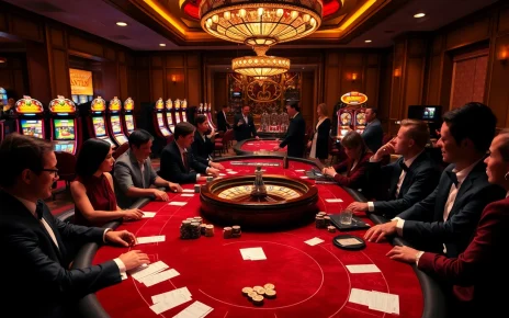 A vibrant casino atmosphere showcasing players at poker tables, paralleling the excitement of obtaining a canada visitor visa from australia.