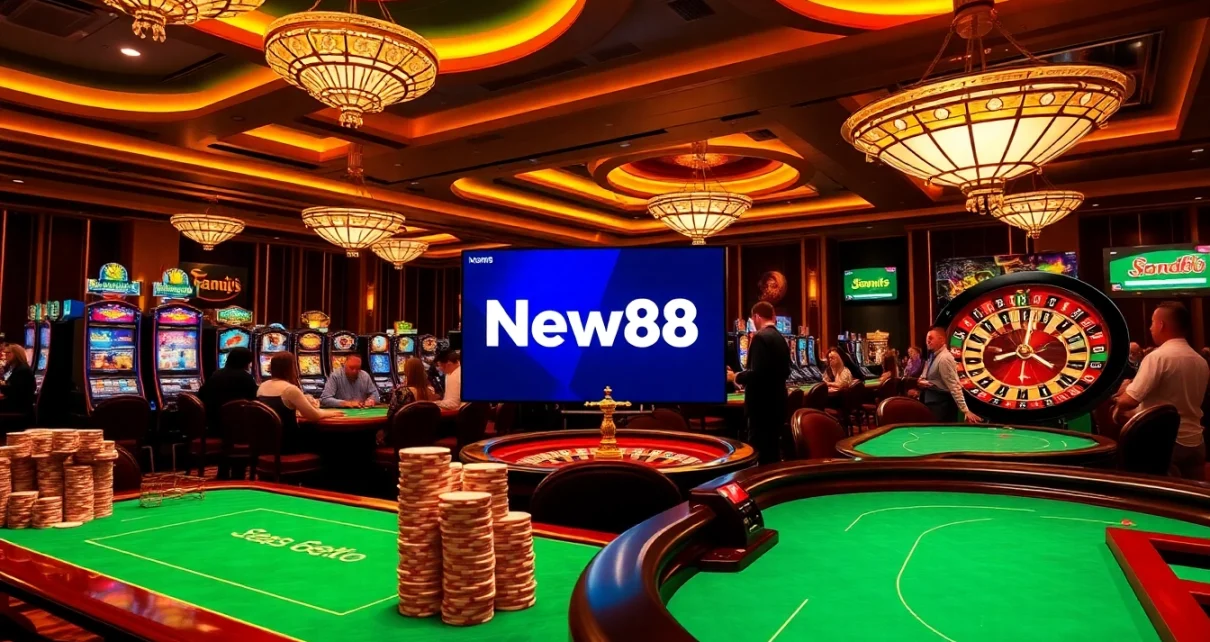 Experience New88's thrilling casino atmosphere filled with poker chips and slot machines.