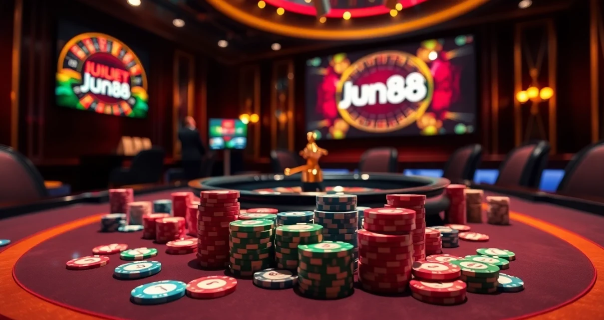 Exciting poker game featuring Jun88 logo with vibrant chips and cards, depicting casino thrill.