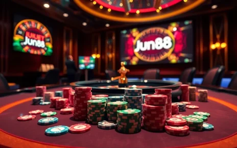 Exciting poker game featuring Jun88 logo with vibrant chips and cards, depicting casino thrill.