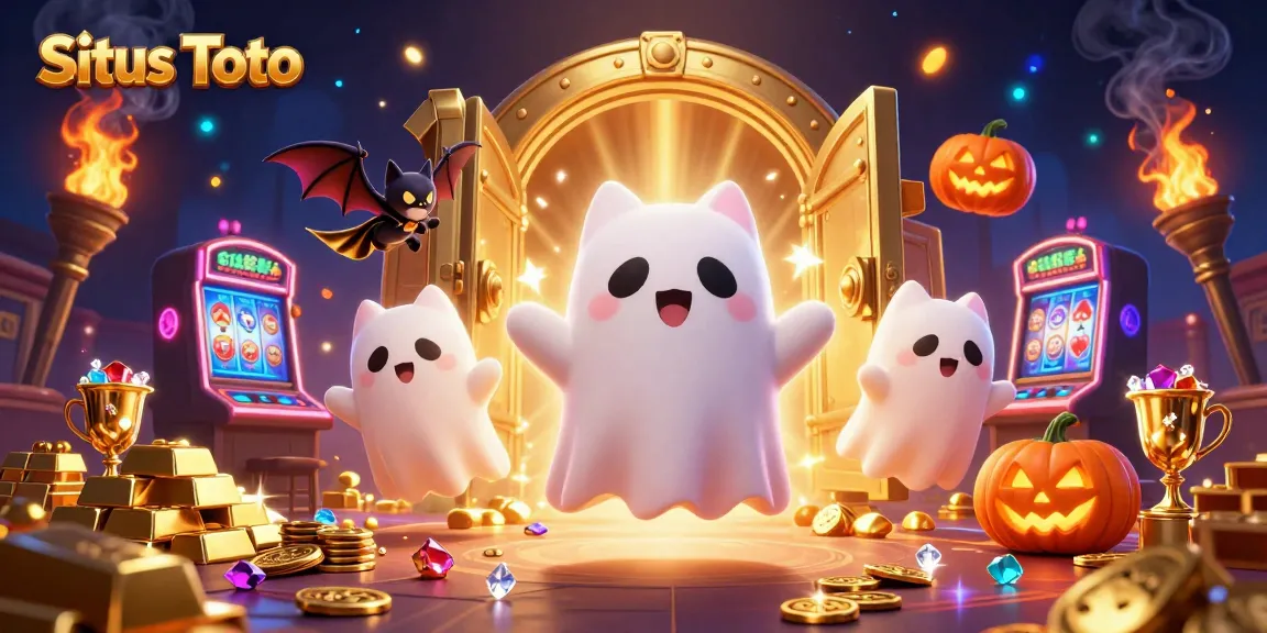 Experience Situs Toto gaming fun with a cartoon ghost cat and lucky slots in this vibrant casino scene.