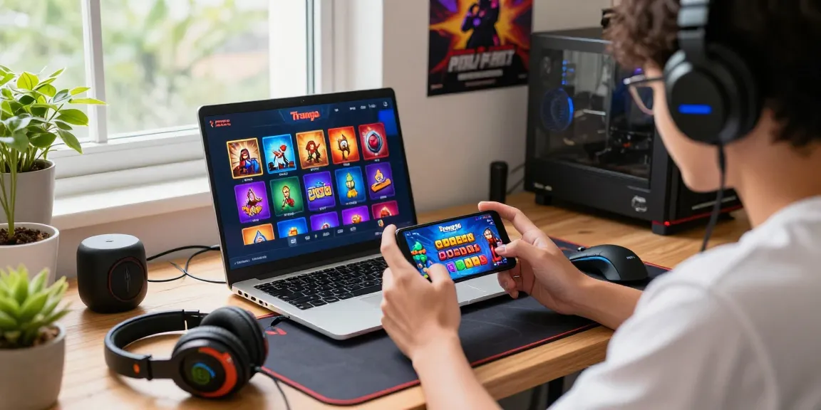 Engaged user playing Tiranga Games on smartphone at a cozy gaming desk