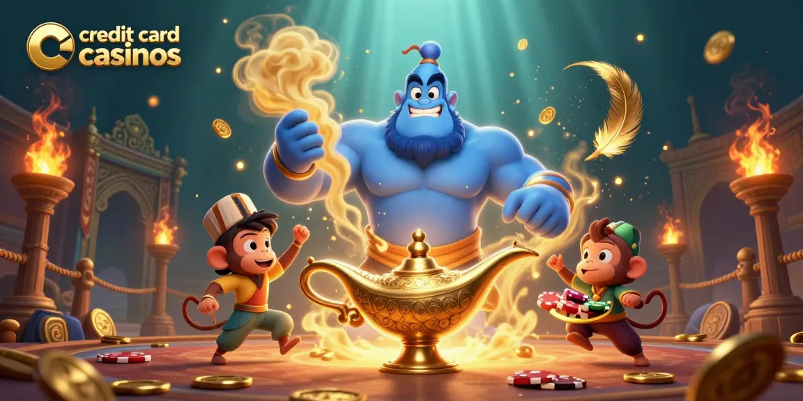 Experience thrilling credit card casinos with cartoon genie, monkey, and magic carpet adventure.